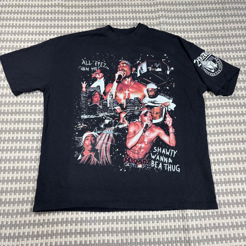 Rekcless 2Pac 'Shawty Wanna Be A Thug' Double Sided Graphic Rap Tee Sz L Mens